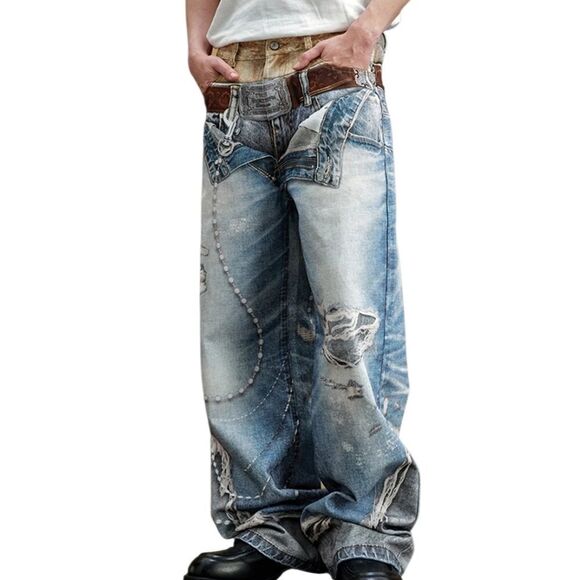 yadcrew Other - 3169 NWT YADcrew丨3D Waistband Print Loose Fit Denim Jeans Sz Small